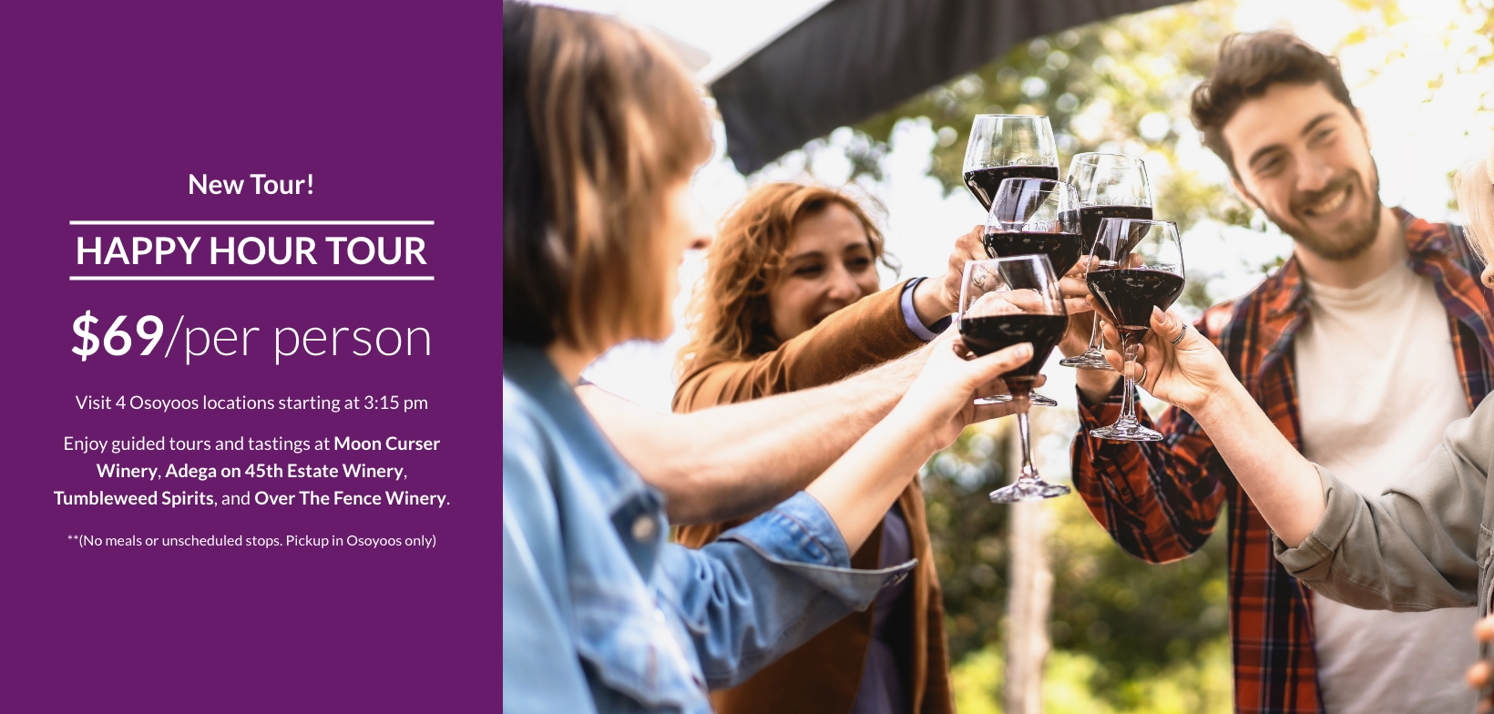 Promotional banner for the New Happy Hour Tour offered by Wine Tours Gone South